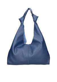 Blauwe leren handtas met een soepele vorm, geknoopte handvaten en een getextureerd oppervlak. Heeft een eenvoudig, onopgesmukt ontwerp en een centrale naad.