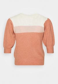 Sweter z dzianiny w kolorach koralowym, kremowym i jasnoróżowym. Posiada bufiaste rękawy oraz okrągły dekolt. Miękka faktura i luźny krój.