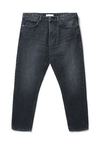 Jeans in denim nero con taglio dritto, cinque tasche e lievi sbiadimenti. Presentano un bottone e una zip con passanti per cintura.