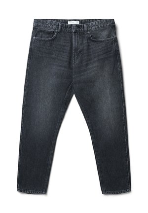Jeans in denim nero con taglio dritto, cinque tasche e lievi sbiadimenti. Presentano un bottone e una zip con passanti per cintura.