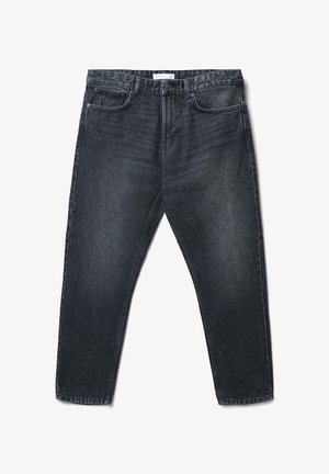 Schwarze Jeans aus Denim mit geradem Schnitt, fünf Taschen und dezenter Verwaschung. Enthält einen Knopf- und Reißverschluss sowie Gürtelschlaufen.