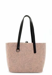 Różowa torba tote z filcu z czarnymi skórzanymi uchwytami, prostokątny kształt, minimalistyczny design, z okrągłym detalem przy uchwycie.