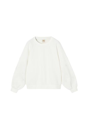 Witte sweatshirt met een ronde halslijn en pofmouwen, voorzien van textuurvolle bloemmotieven op de mouwen en een geribde onderrand.