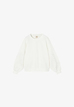 Sweatshirt alb cu guler rotund și mâneci bufante, având motive florale texturate pe mâneci și un tiv canelat.
