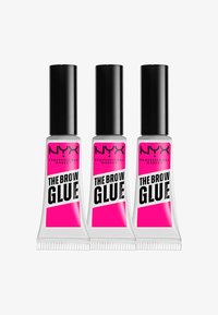 Drie tubes van NYX The Brow Glue, met doorzichtige plastic lichamen, zwarte doppen, en felroze labels met vetgedrukte zwarte tekst.