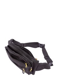 Borsa a vita nera con più scomparti, realizzata in materiale testurizzato, con tracolla regolabile, tirazip gialli e dettagli in metallo.