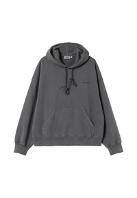 Bluza z kapturem w ciemnoszarym kolorze, wykonana z miękkiego materiału. Posiada przednią kieszeń typu kangur, regulowany sznurek oraz ściągacze przy mankietach i na dole.