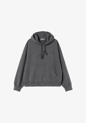Bluza z kapturem w ciemnoszarym kolorze, wykonana z miękkiego materiału. Posiada przednią kieszeń typu kangur, regulowany sznurek oraz ściągacze przy mankietach i na dole.