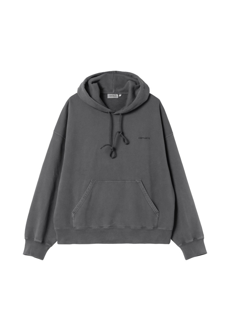 Bluza z kapturem w ciemnoszarym kolorze, wykonana z miękkiego materiału. Posiada przednią kieszeń typu kangur, regulowany sznurek oraz ściągacze przy mankietach i na dole.