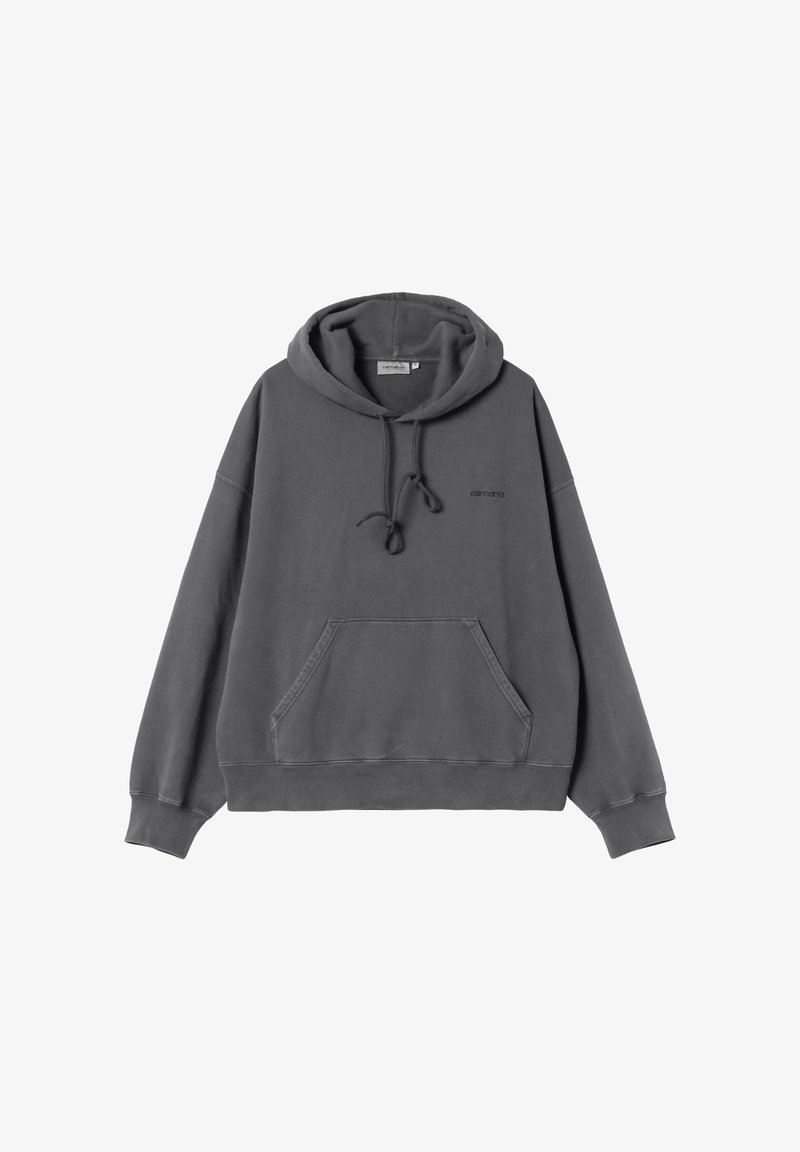 Bluza z kapturem w ciemnoszarym kolorze, wykonana z miękkiego materiału. Posiada przednią kieszeń typu kangur, regulowany sznurek oraz ściągacze przy mankietach i na dole.