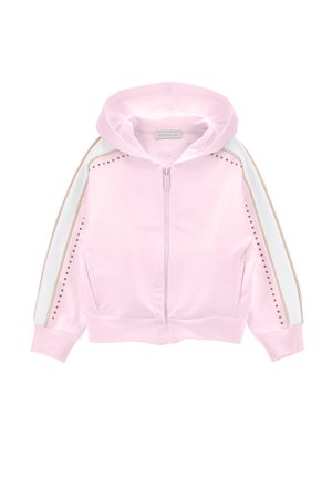Różowa bluza z kapturem na zamek, z białymi i beżowymi paskami wzdłuż rękawów oraz zdobieniami z ćwieków na przodzie i ramionach.