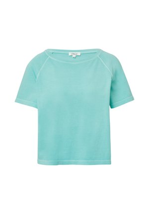 Licht teal korte mouwen t-shirt van zachte stof, met een ronde halslijn en raglan mouwen met contrasterende stiksels.