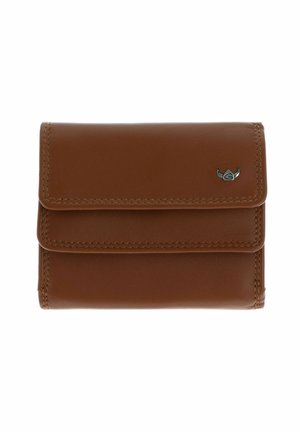 Portefeuille en cuir marron avec bords cousus et petit logo argenté dans le coin supérieur droit, fermé avec un rabat.