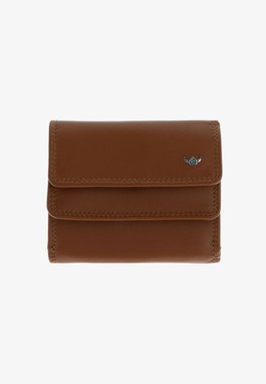 Portefeuille en cuir marron avec bords cousus et petit logo argenté dans le coin supérieur droit, fermé avec un rabat.