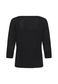 Haut noir léger à manches trois-quarts avec une coupe ample et un col large. Le tissu présente une finition légèrement texturée.