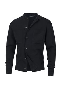 Sort strikket cardigan med krave, to forlommer og knaplukning. Fremstillet af blødt stof med en glat overflade.
