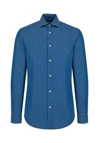 Niebieska koszula z długim rękawem, zapinana na guziki, z wyłogowym kołnierzykiem i białymi guzikami, przedstawiona z przodu na białym tle.