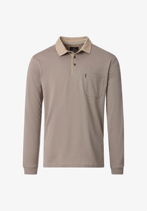 Long-sleeve polo shirt in beige, featuring a lighter beige collar, three-button placket, and a chest pocket with subtle texture.