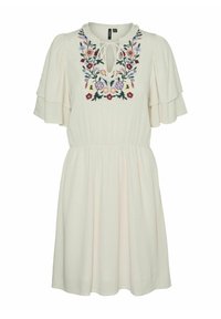 Vit klänning med blommönster broderi, med korta volangärmar och knytning vid halsen, tillverkad av lätt, texturerad tyg.