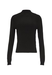 Schwarzer, gerippter Rollkragenpullover mit langen Ärmeln, tailliertem Design und subtiler Textur, ausgestattet mit vertikalen Musterdetails.