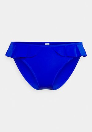Parte de baixo de bikini azul com uma sobreposição em babados na cintura, feita de um tecido suave e elástico. Apresenta uma forma contornada e bordas costuradas.