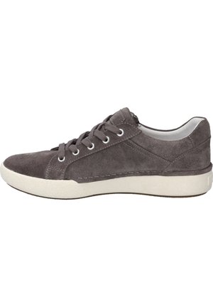 Gray suede sneaker with round toe, lace-up design, and white rubber sole. Features rounded edges and contrasting stitching.