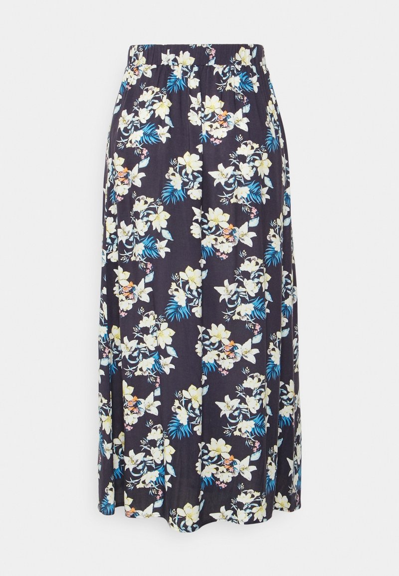 Jupe maxi bleu marine avec imprimé floral blanc et jaune, avec des feuilles vertes et une ceinture élastiquée froncée.