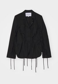Schwarze Blazer mit strukturiertem Design, ausgestattet mit geflochtenen Akzenten und langen Bändern an den Ärmeln. Zwei Fronttaschen und ein Reverskragen.