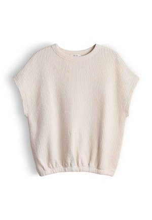 Beiger, kurzärmeliger, gerippter Strickpullover mit rundem Ausschnitt und elastischem Saum, vor weißem Hintergrund präsentiert.