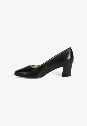Zwarte leren pump met een spitse neus, lage blokhak en een gladde textuur. Kenmerkt zich door een minimalistisch ontwerp en geen zichtbare versieringen.