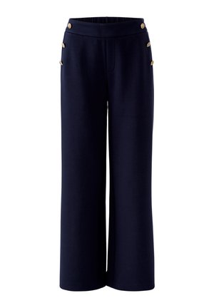 Marineblaue Hosen mit weitem Bein und hoher Taille, verziert mit sechs goldenen Zierknöpfen, drei auf jeder Seite nahe der Hüfte.