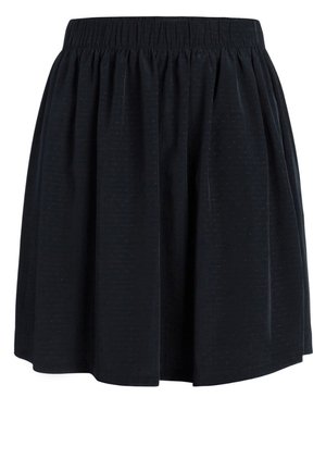 Zwarte knie-lange rok met elastische tailleband en subtiele gestippelde textuur, geplooide stof voor een licht uitlopende silhouet.