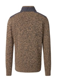 Trui met een gestructureerde bruine brei met een subtiel patroon; grijze details bij de kraag en schouders; lange mouwen, standaard pasvorm.