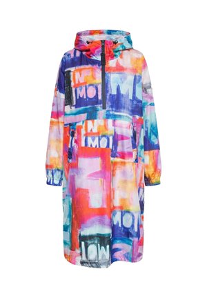 Lang hættejakke med livligt abstrakt graffiti-mønster i pink, blå, orange og lilla toner, med lynlås foran og elastiske manchetter.