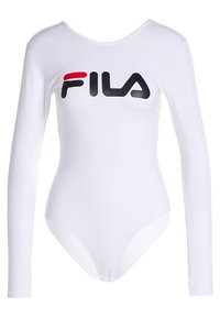 Body a maniche lunghe bianco realizzato in tessuto liscio, caratterizzato da un grande logo FILA nero con dettagli rossi nella zona del petto.