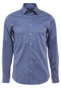 Langere mouwen overhemd in effen blauwe katoen met een klassieke kraag, knoopsluiting aan de voorkant en zilverkleurige knopen. Gladde textuur met een getailleerde pasvorm.