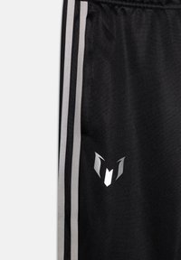 Černé sportovní šortky se stříbrnými bočními pruhy a logem. Vyrobeny z měkkého materiálu s hladkou texturou, s elastickým pasem na šňůrku.