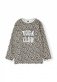 Camicia a maniche lunghe con stampa leopardata in beige e marrone, presenta la scritta bianca "YOGA CLUB" sul davanti. Tessuto morbido con una vestibilità rilassata.