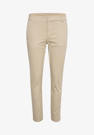 Beige Chinos im Slim-Fit, mit flachem Frontschnitt, zwei seitlichen Taschen und klassischem Saum. Hergestellt aus weicher Baumwolle mit minimaler Struktur.