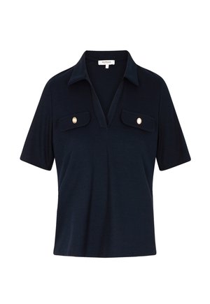 Dunkelblaue kurzärmelige Poloshirt mit tiefem V-Ausschnitt, Kragen und zwei Brustklappentaschen, die jeweils mit einem goldfarbenen Knopf gesichert sind.