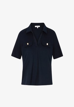 Dunkelblaue kurzärmelige Poloshirt mit tiefem V-Ausschnitt, Kragen und zwei Brustklappentaschen, die jeweils mit einem goldfarbenen Knopf gesichert sind.