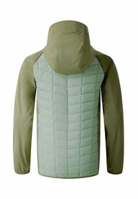 Hoodie mit einem gequilteten, hellgrünen Rücken und glatten, olivgrünen Ärmeln, verstellbarer Kapuze und elastischen Bündchen.