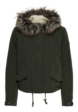 Veste d'hiver vert foncé avec capuche doublée de fourrure, poches avant à rabat, cordons de serrage à l'ourlet et poignets boutonnés.