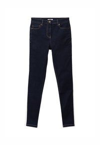 Jean skinny en denim bleu foncé, avec cinq poches, bouton en laiton et coutures jaunes. Texture lisse et design ajusté.