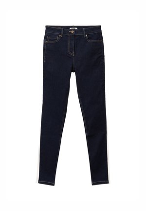 Mørkeblå denim skinny jeans med fem lommer, messingknap og gule syninger. Glat overflade og tætsiddende design.