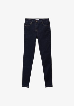 Dark blue denim skinny jeans, featuring five pockets, brass button, and yellow stitching. Smooth texture and fitted design.