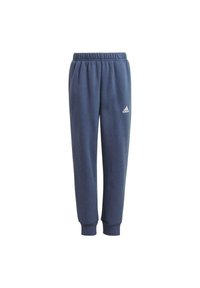 Pantalones deportivos de poliéster azul marino con cintura elástica y puños acanalados. Presenta un pequeño logo blanco de Adidas en el muslo izquierdo.