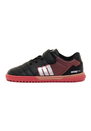 Scarpa sportiva per bambini nera e rossa con chiusura in velcro, lacci, suola strutturata e logo bianco e rosso sul lato.