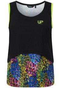 Zwart sporttanktop met neon groene accenten, met een kleurrijk luipaardprintpatroon op de onderzijde en een ronde zoom.