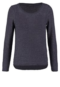 Dunkelblaues Langarm-Pullover aus strukturiertem Strickstoff. Verfügt über einen runden Halsausschnitt und einen gerippten Saum am unteren Rand und an den Ärmeln.